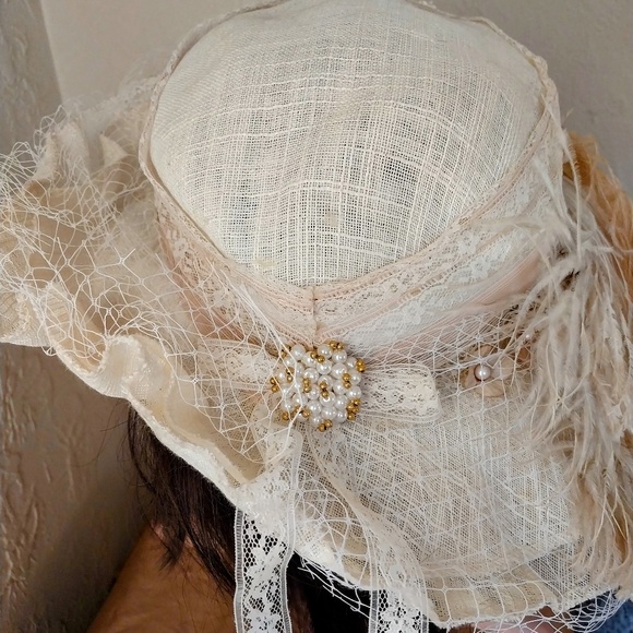 Custom one of a kind ivory flounced straw hat perfect for special occasions. - Picture 3 of 7